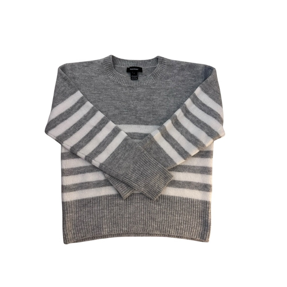 Karen Kane Gray and White Striped Crewneck Sweater - Picture 2 of 5